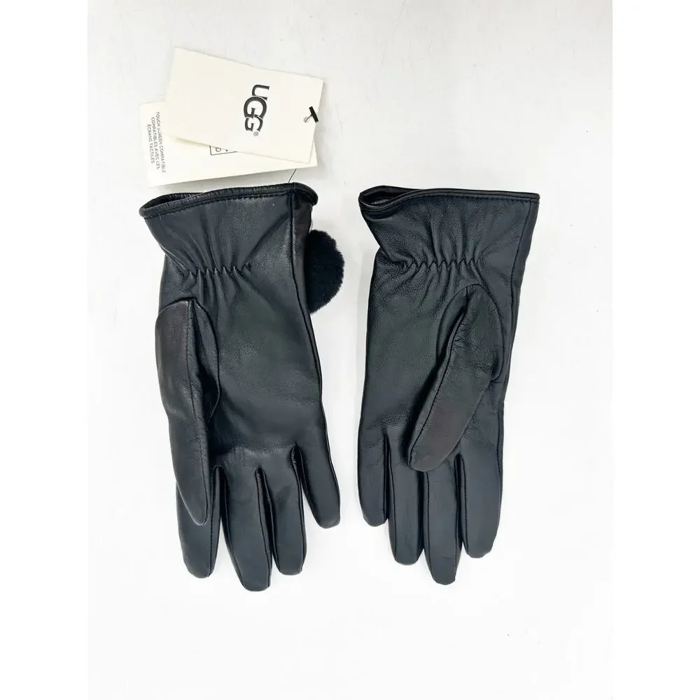 UGG‎ Women's Leather Pom Glove in Black Size Medium NEW